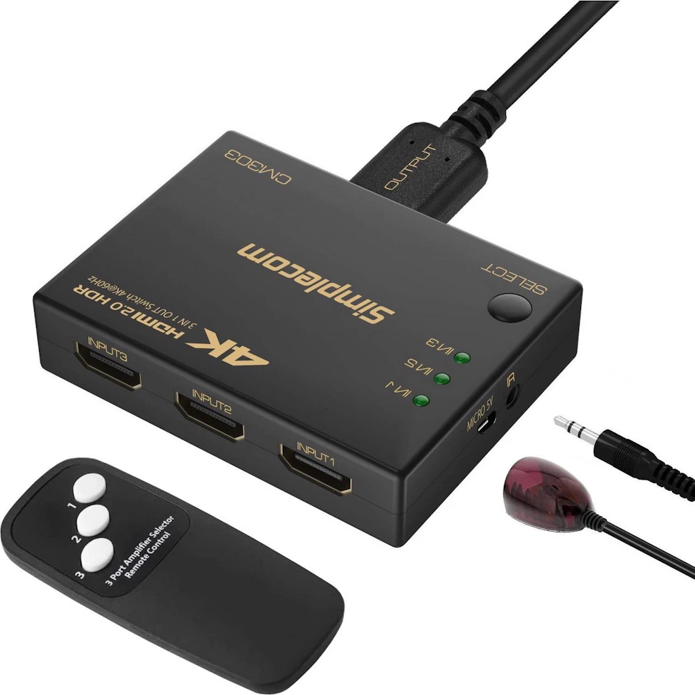 Simplecom CM303 3 Way HDMI 2.0 Switch 3 In 1 Out Splitter HDCP 2.0 4K 60Hz HDR