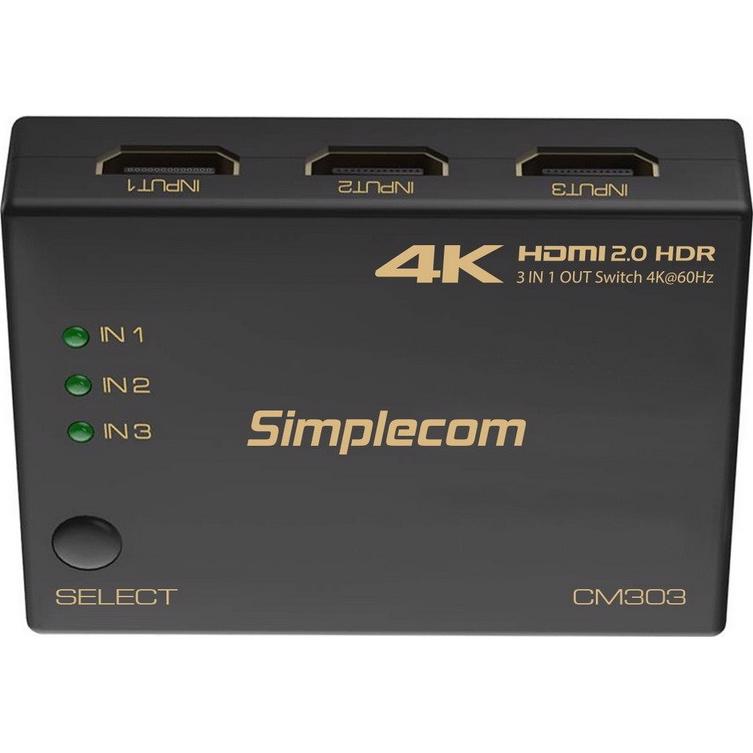 A large main feature product image of Simplecom CM303 3 Way HDMI 2.0 Switch 3 In 1 Out Splitter HDCP 2.0 4K 60Hz HDR