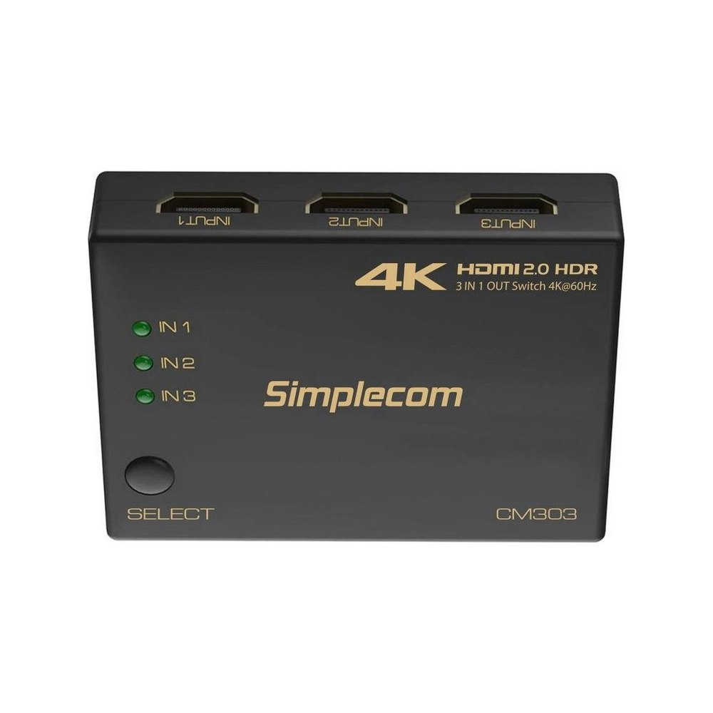 A large main feature product image of Simplecom CM303 3 Way HDMI 2.0 Switch 3 In 1 Out Splitter HDCP 2.0 4K 60Hz HDR