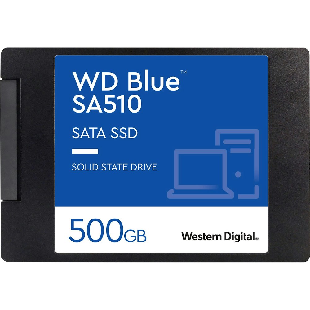 A large main feature product image of WD Blue SA510 SATA III 2.5" SSD - 500GB