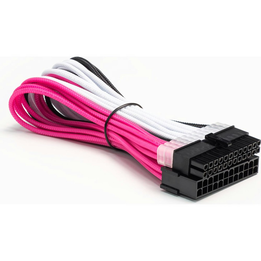 A large main feature product image of GamerChief Elite Series 24-Pin ATX 30cm Sleeved Extension Cable (Hot Pink/White/Black)