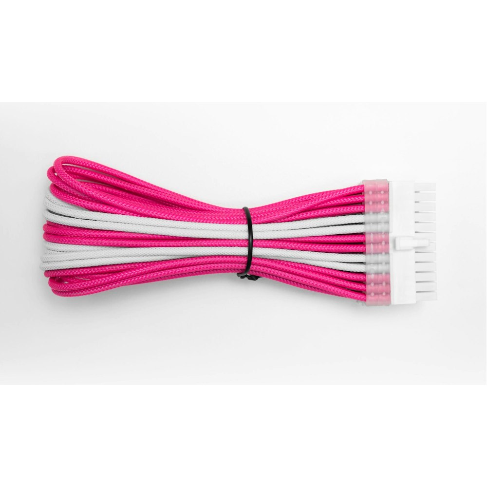 A large main feature product image of GamerChief Elite Series 24-Pin ATX 30cm Sleeved Extension Cable (Pink/White) - White Connector