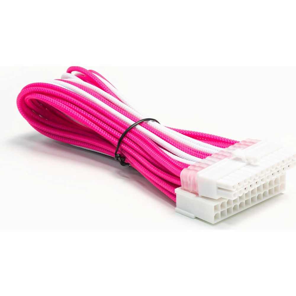 A large main feature product image of GamerChief Elite Series 24-Pin ATX 30cm Sleeved Extension Cable (Pink/White) - White Connector