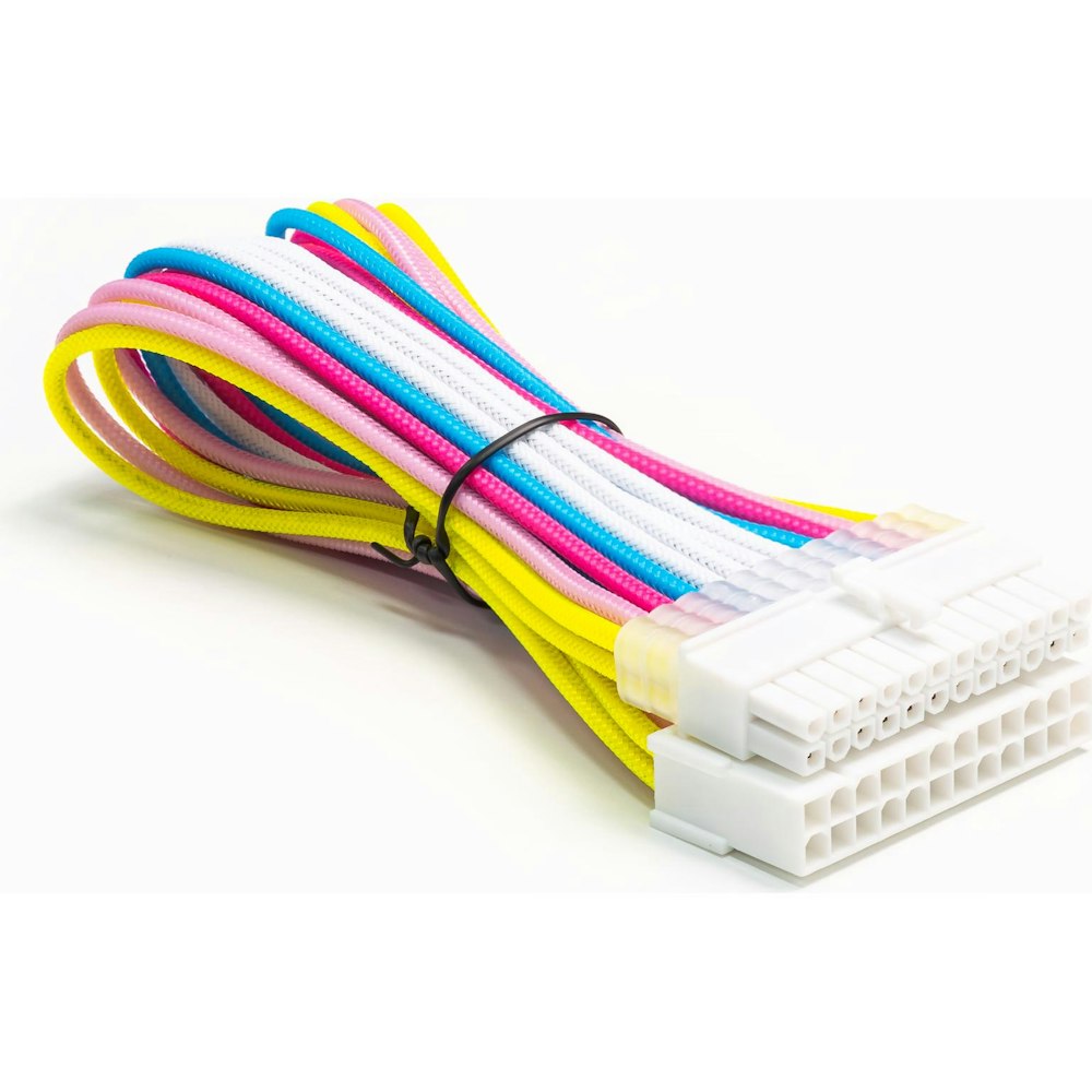 A large main feature product image of GamerChief Elite Series 24-Pin ATX 30cm Sleeved Extension Cable (Yellow / Light Pink / Pink / Blue / White) - White Connector