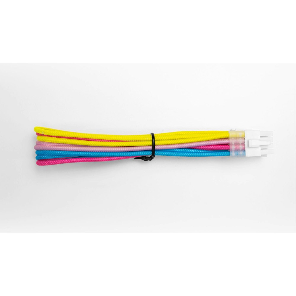 A large main feature product image of GamerChief Elite Series 8-Pin PCIe 30cm Sleeved Extension Cable (Yellow / Light Pink / Pink / Blue / White) - White Connector