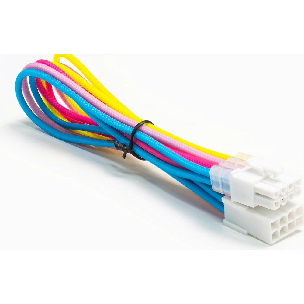 A large main feature product image of GamerChief Elite Series 8-Pin PCIe 30cm Sleeved Extension Cable (Yellow / Light Pink / Pink / Blue / White) - White Connector