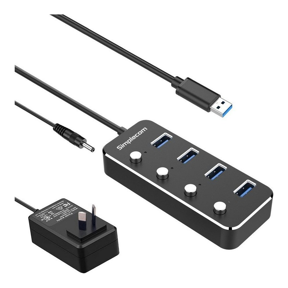 A large main feature product image of Simplecom CH345PS Aluminium 4-Port USB 3.0 Hub with Individual Switches and Power Adapter