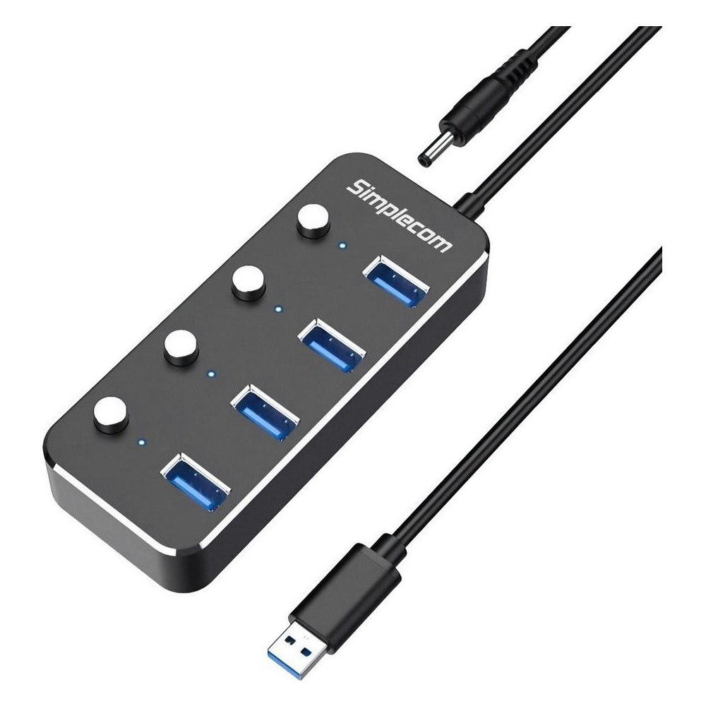 A large main feature product image of Simplecom CH345PS Aluminium 4-Port USB 3.0 Hub with Individual Switches and Power Adapter