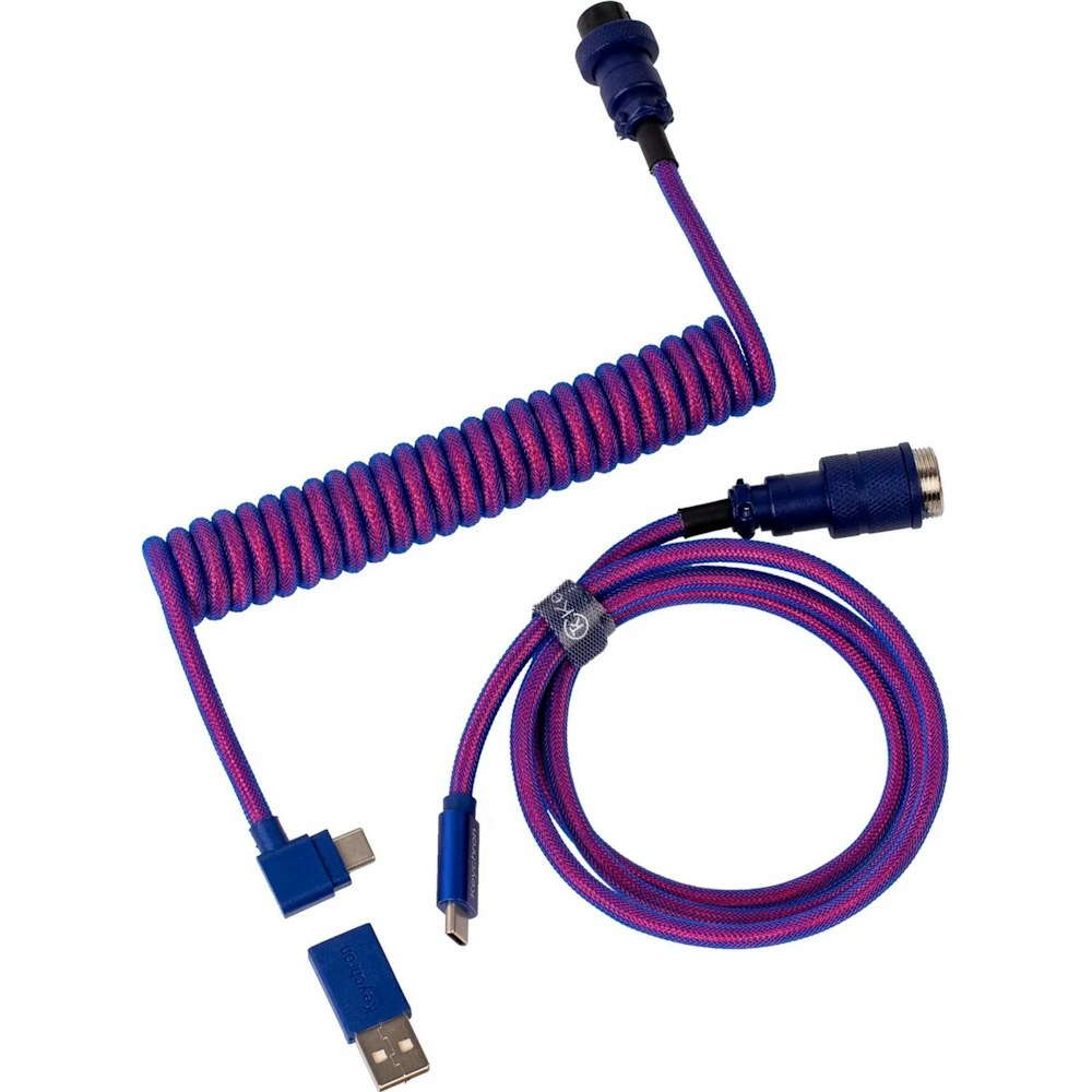 A large main feature product image of Keychron Premium Coiled Aviator Cable - Purple Angled