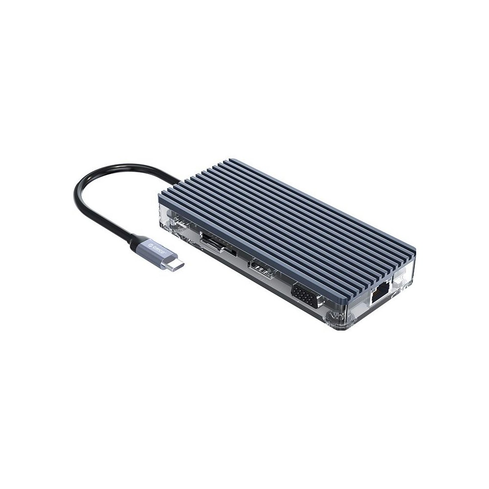 A large main feature product image of ORICO USB-C 11-In-1 Transparent Docking Station