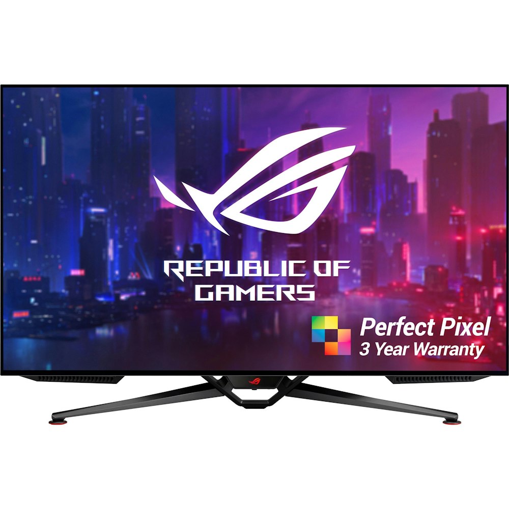 A large main feature product image of ASUS ROG Swift PG42UQ 41.5" UHD 138Hz OLED Monitor