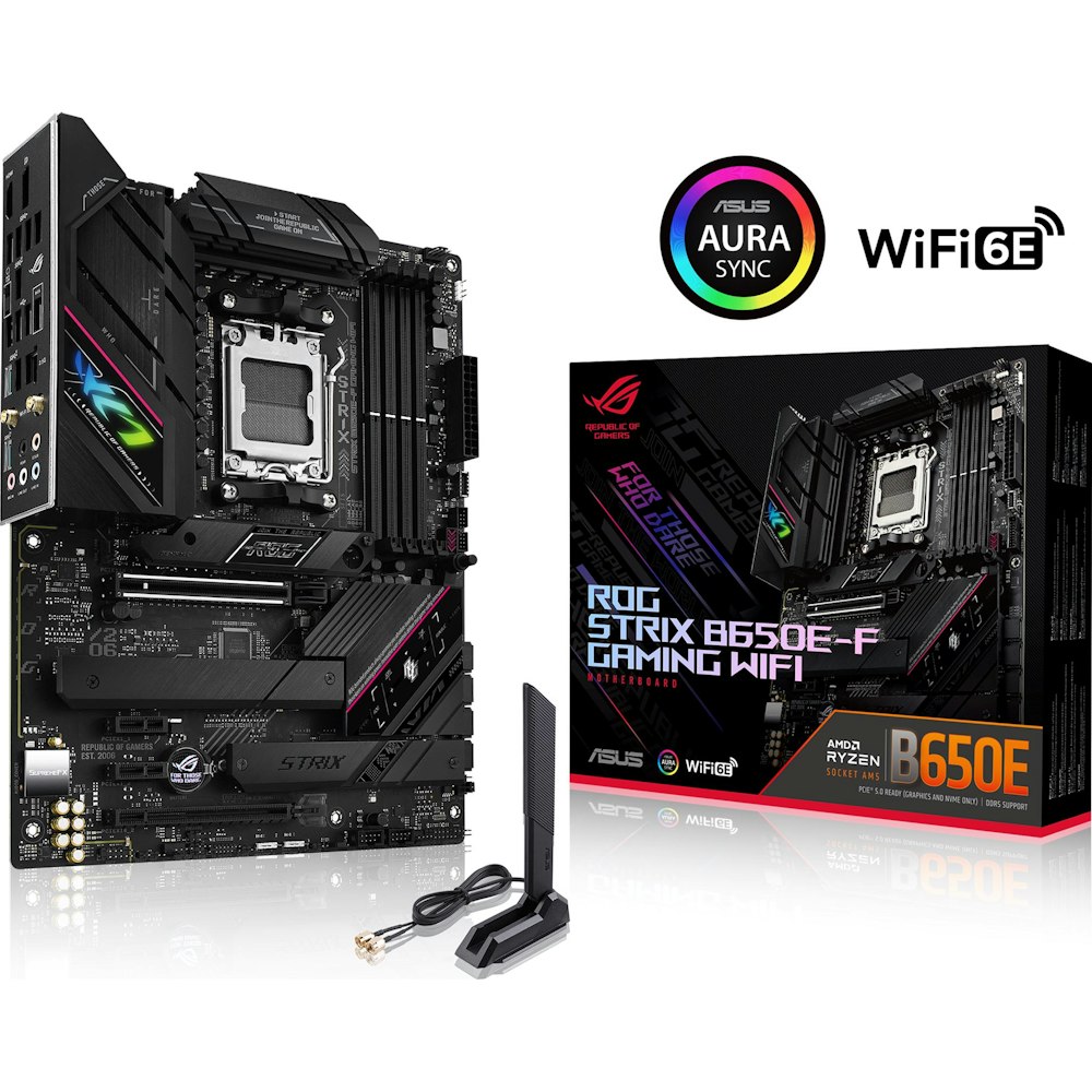 A large main feature product image of ASUS ROG Strix B650E-F Gaming WiFi AM5 ATX Desktop Motherboard