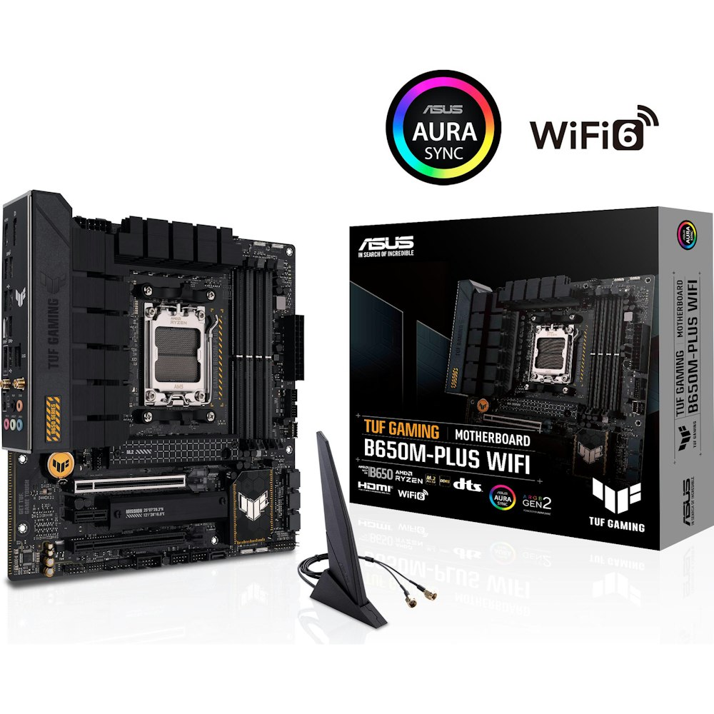 A large main feature product image of ASUS TUF Gaming B650M-Plus WiFi AM5 mATX Desktop Motherboard