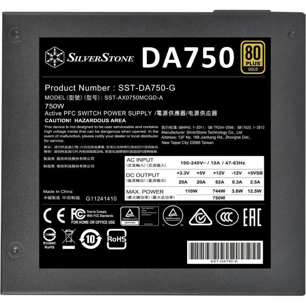 A large main feature product image of SilverStone DA750-G 750W Gold ATX Modular PSU