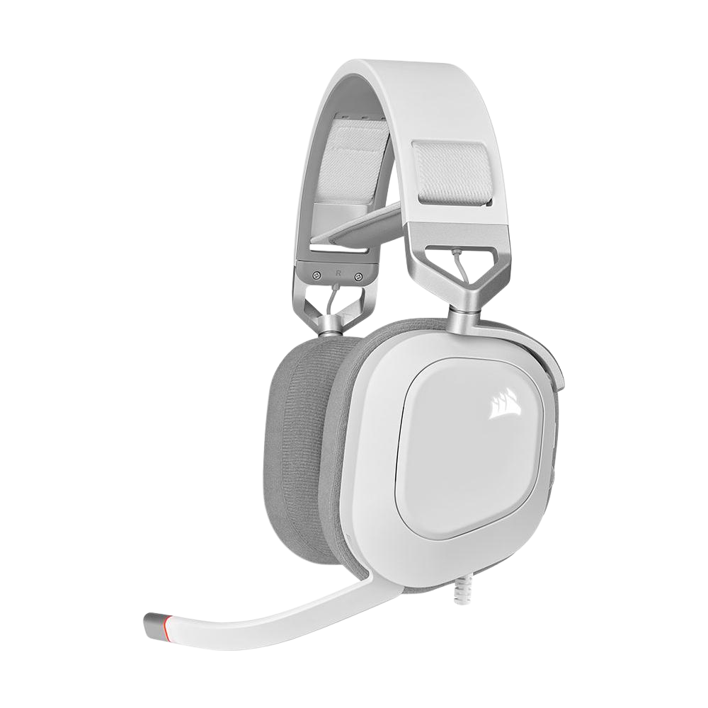 A large main feature product image of Corsair HS80 RGB USB Wired Gaming Headset (White)