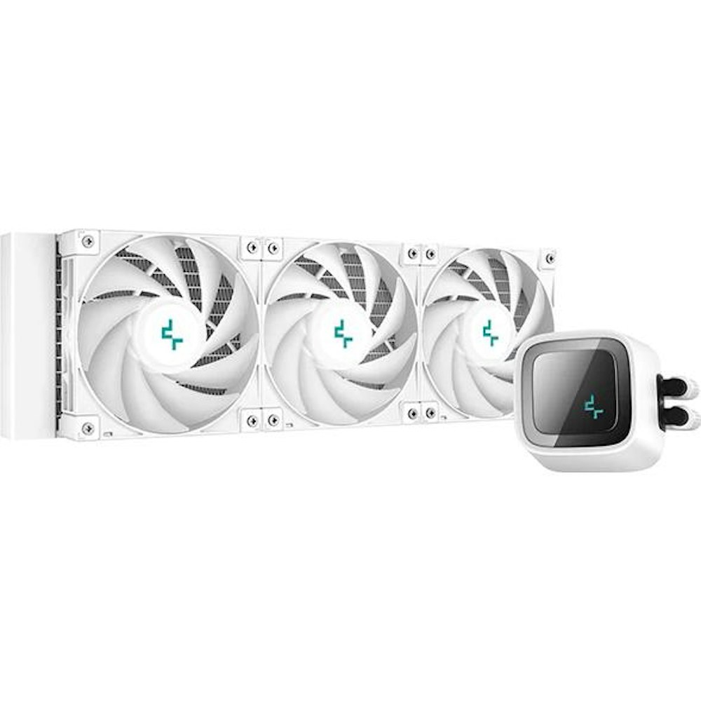 A large main feature product image of DeepCool LS720 ARGB 360mm AIO CPU Cooler - White