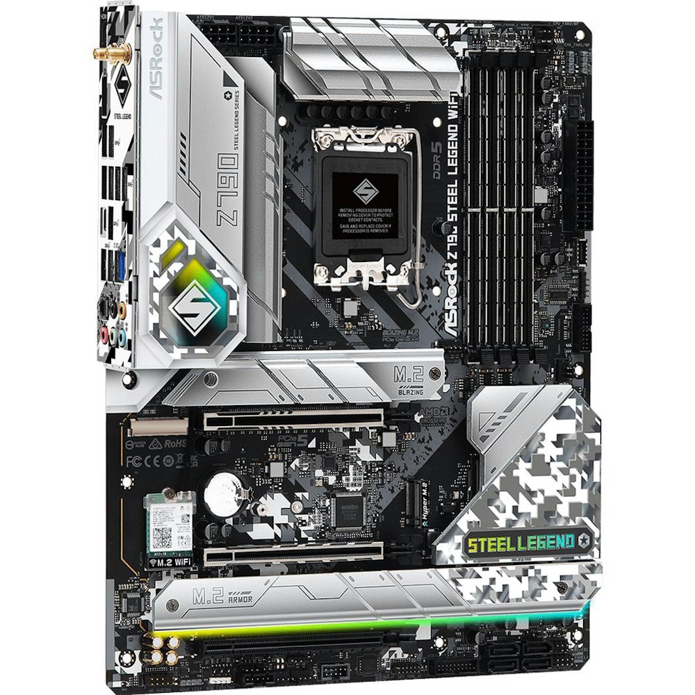 A large main feature product image of ASRock Z790 Steel Legend WIFI LGA1700 ATX Desktop Motherboard
