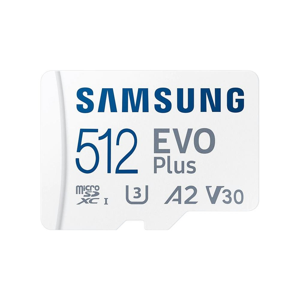 A large main feature product image of Samsung EVO Plus 512GB microSD Card