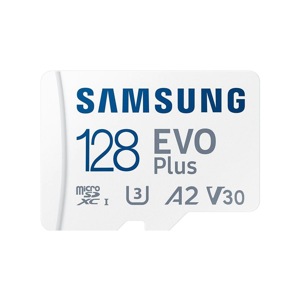 A large main feature product image of Samsung EVO Plus 128GB microSD Card