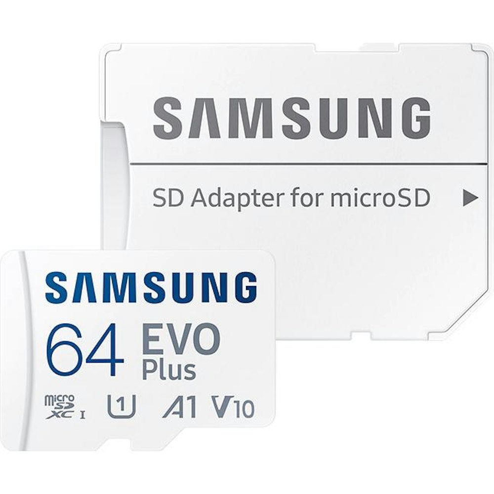 A large main feature product image of Samsung EVO Plus 64GB microSD Card