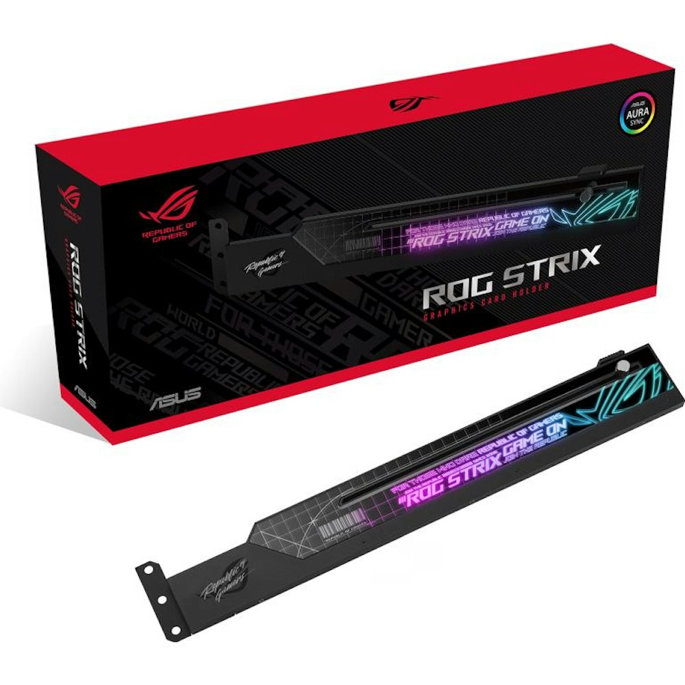 A large main feature product image of ASUS ROG Strix Graphics Card Holder