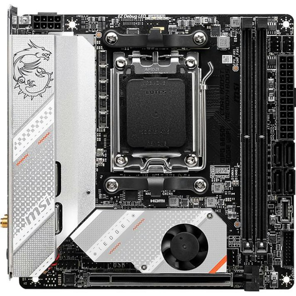 A large main feature product image of MSI MPG B650I Edge WiFi AM5 mITX Desktop Motherboard
