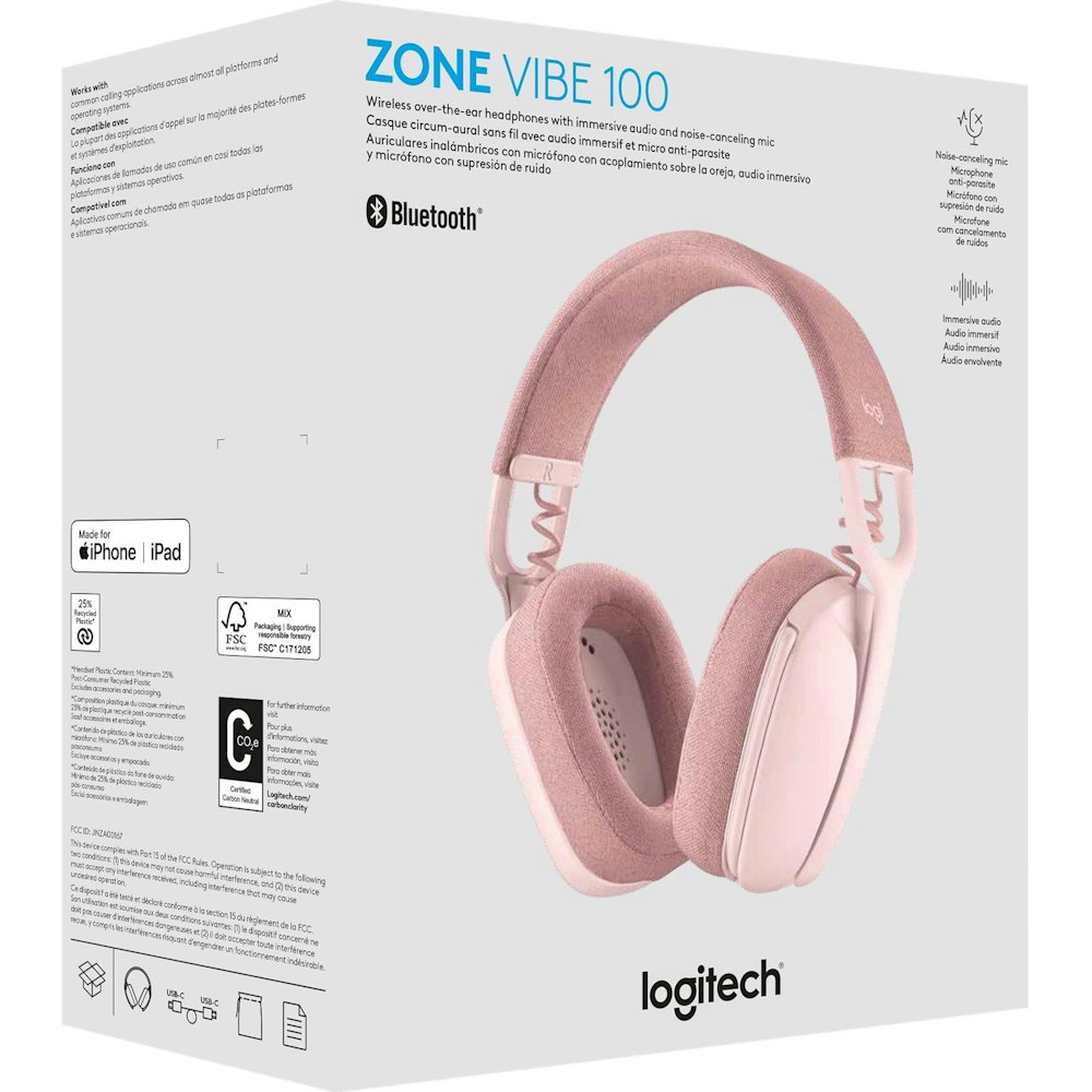 Logitech Zone Vibe 100 Wireless Bluetooth Headset - Rose | PLE Computers