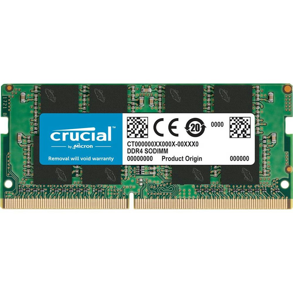 A large main feature product image of Crucial 8GB Single (1x8GB) DDR4 SO-DIMM C22 3200MHz