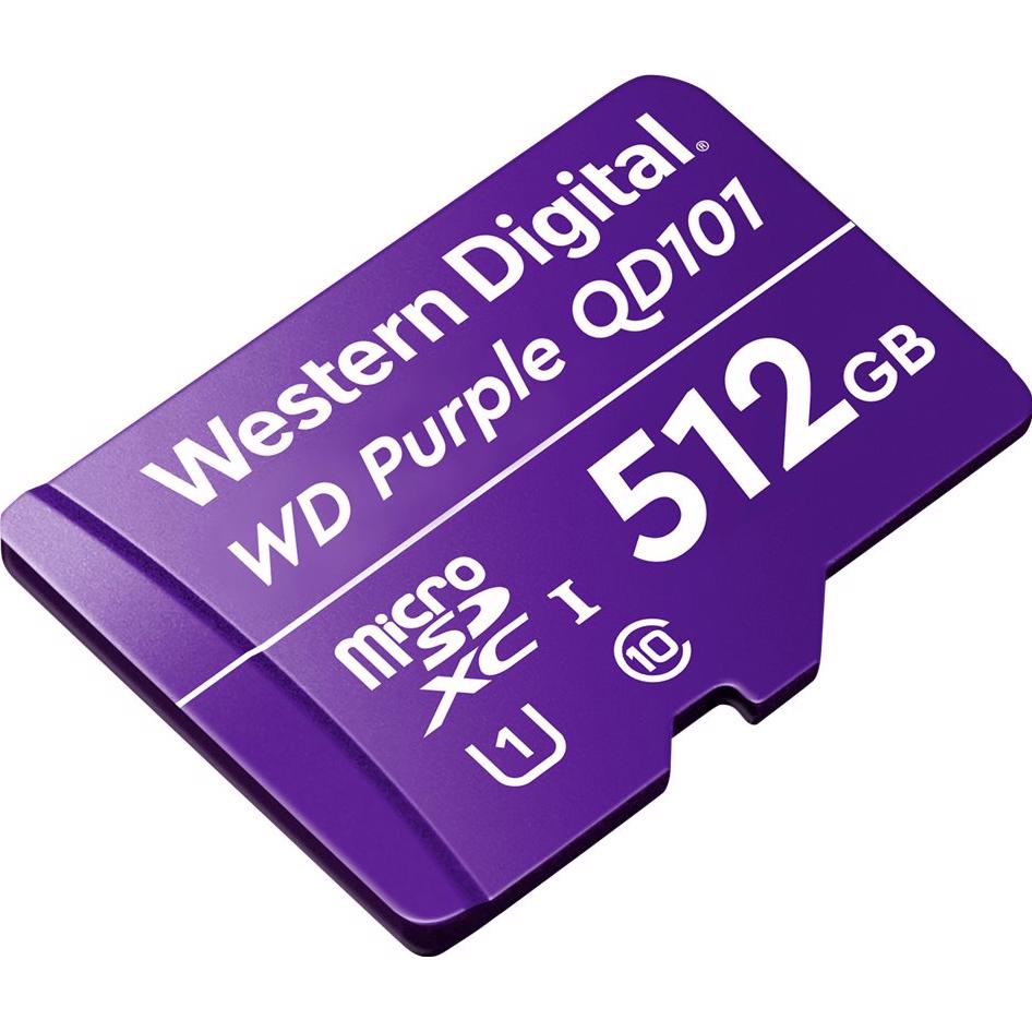 A large main feature product image of WD Purple Surveillance 512GB microSDXC U1 UHS-I microSD Card