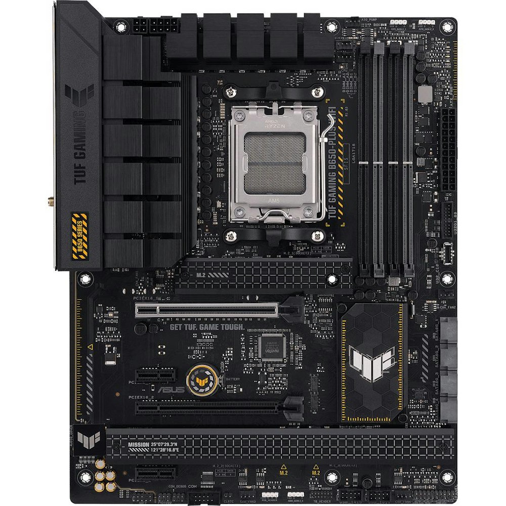 A large main feature product image of ASUS TUF Gaming B650-Plus WiFi AM5 ATX Desktop Motherboard