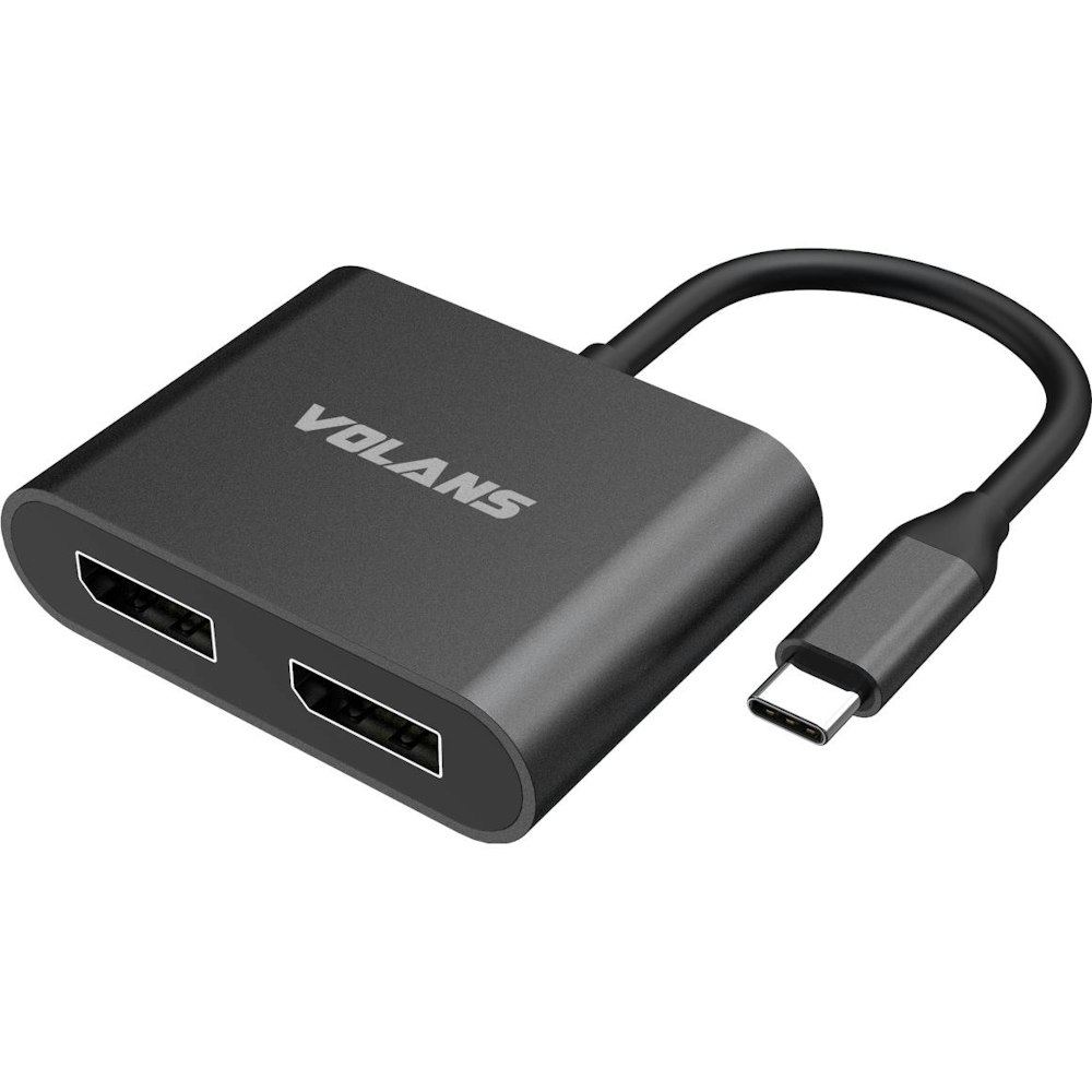 A large main feature product image of Volans Aluminium 8K USB-C to Dual DisplayPort Adapter with MST Dual Monitor