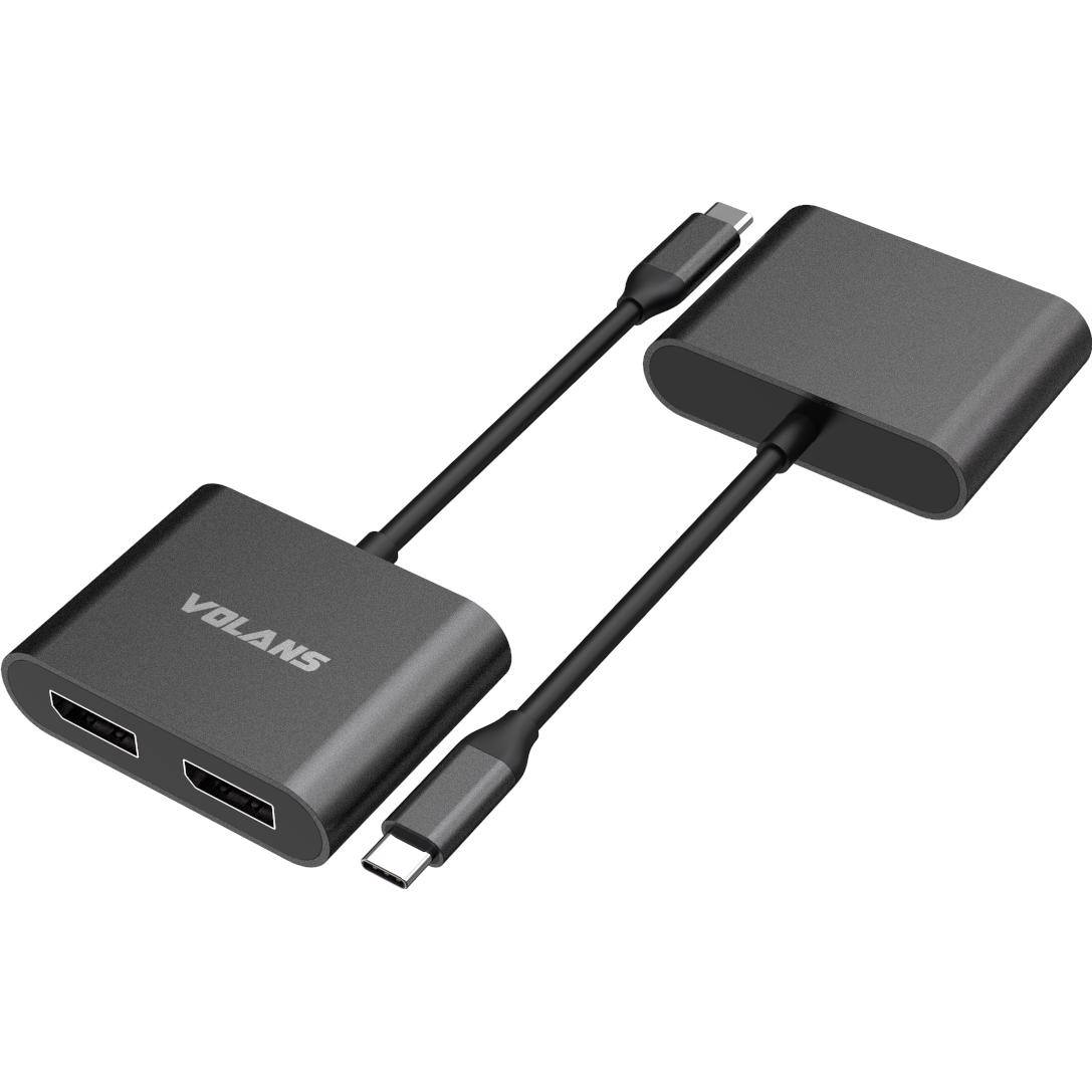 A large main feature product image of Volans Aluminium 8K USB Type-C to Dual DisplayPort Adapter with MST Dual Monitor