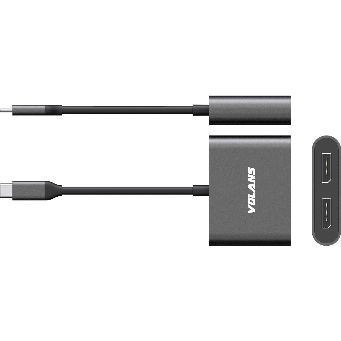 A large main feature product image of Volans Aluminium 8K USB Type-C to Dual DisplayPort Adapter with MST Dual Monitor
