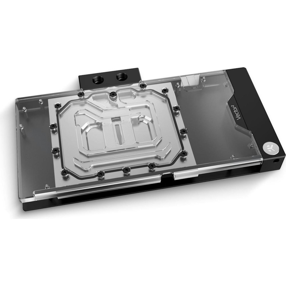 A large main feature product image of EK Quantum Vector2 Master RTX 4080 D-RGB GPU Waterblock - Nickel + Plexi