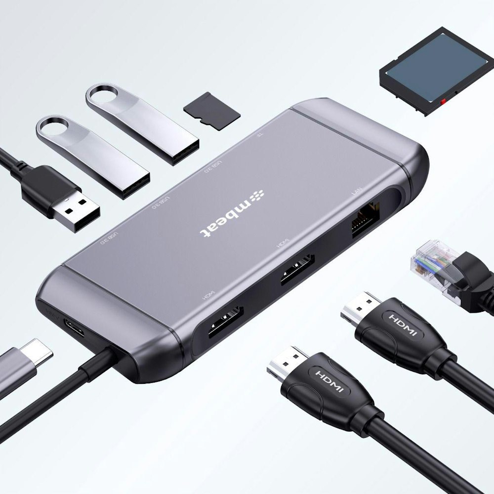 A large main feature product image of mBeat Elite X11 Dual HDMI 9-in-1 USB-C Docking Station