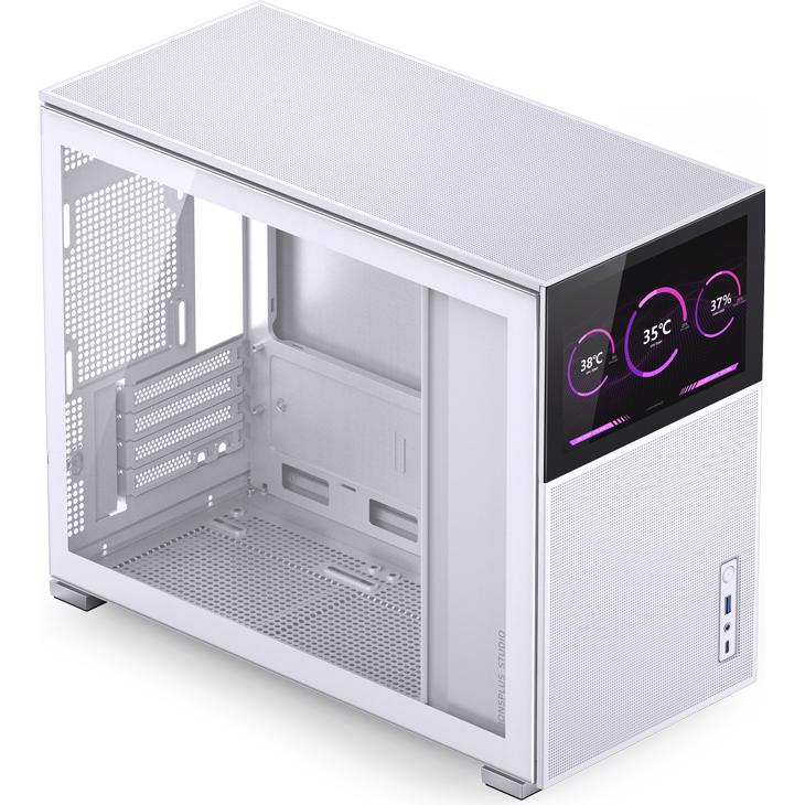 A large main feature product image of Jonsbo D31 MESH 31.3L Compact mATX Case w/ LCD (White)