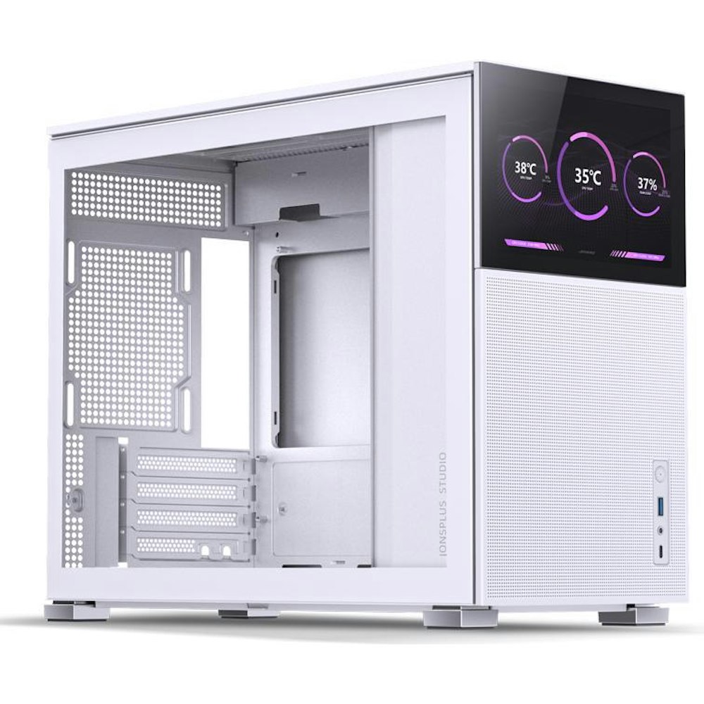 A large main feature product image of Jonsbo D31 Mesh mATX Case w/ LCD - White