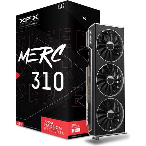 A large main feature product image of XFX Radeon RX 7900 XTX Speedster MERC 310 24GB GDDR6 - Black Edition