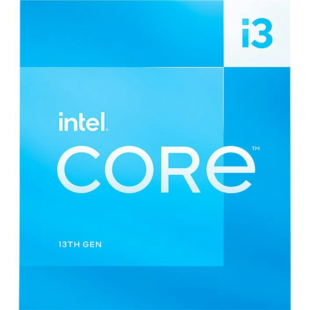 A large main feature product image of Intel Core i3 13100F Raptor Lake 4 Core 8 Thread Up To 4.50Ghz LGA1700 - No iGPU Retail Box