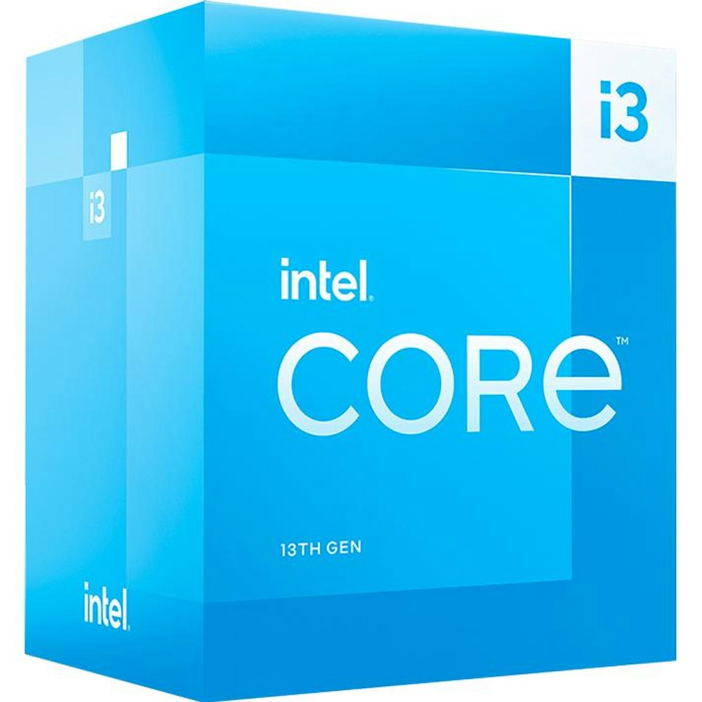 A large main feature product image of Intel Core i3 13100F Raptor Lake 4 Core 8 Thread Up To 4.50Ghz LGA1700 - No iGPU Retail Box