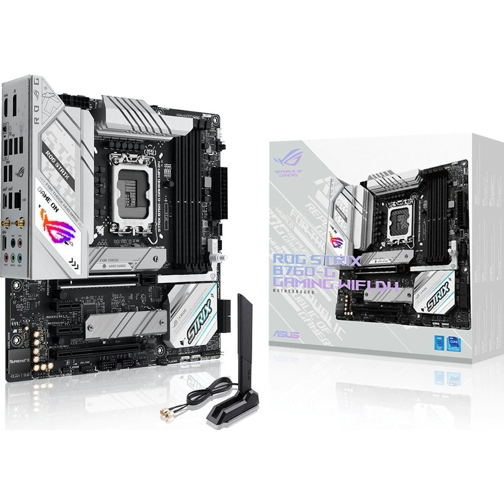 A large main feature product image of ASUS ROG Strix B760-G Gaming WiFi D4 LGA1700 DDR4 mATX Desktop Motherboard
