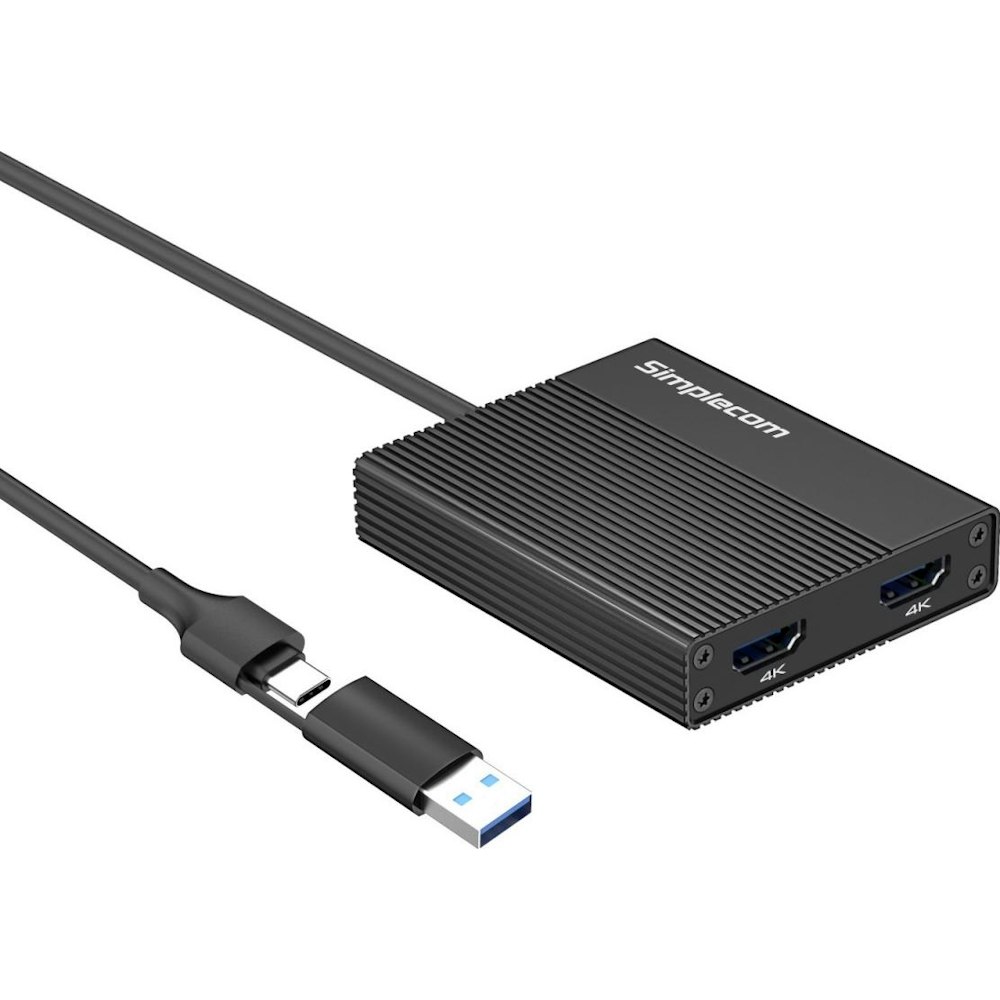 A large main feature product image of Simplecom DA369 USB 3.0 or USB to DUAL 4K 60Hz HDMI 2.0 Display Adapter