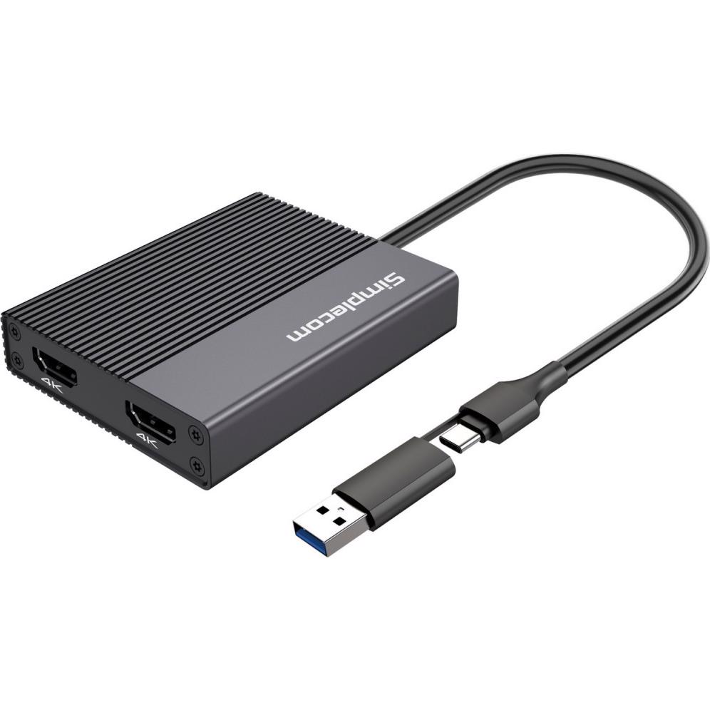A large main feature product image of Simplecom DA369 USB 3.0 or USB to DUAL 4K 60Hz HDMI 2.0 Display Adapter