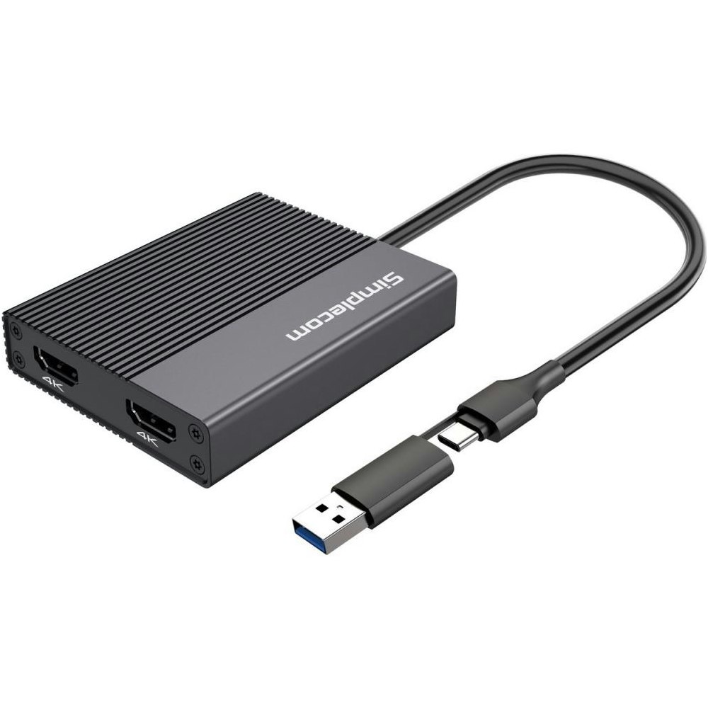 A large main feature product image of Simplecom DA369 USB 3.0 or USB to DUAL 4K 60Hz HDMI 2.0 Display Adapter