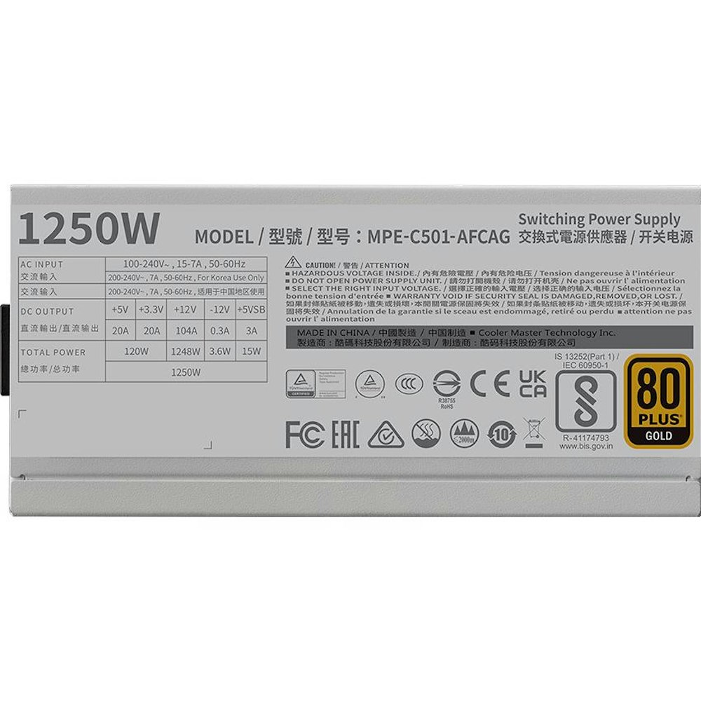 A large main feature product image of Cooler Master MWE 1250W Gold PCIE 5.0 ATX Modular PSU - White