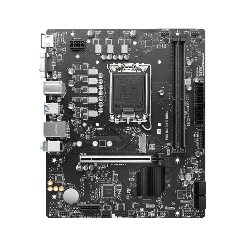 A large main feature product image of MSI PRO H610M-E DDR4 LGA1700 mATX Desktop Motherboard