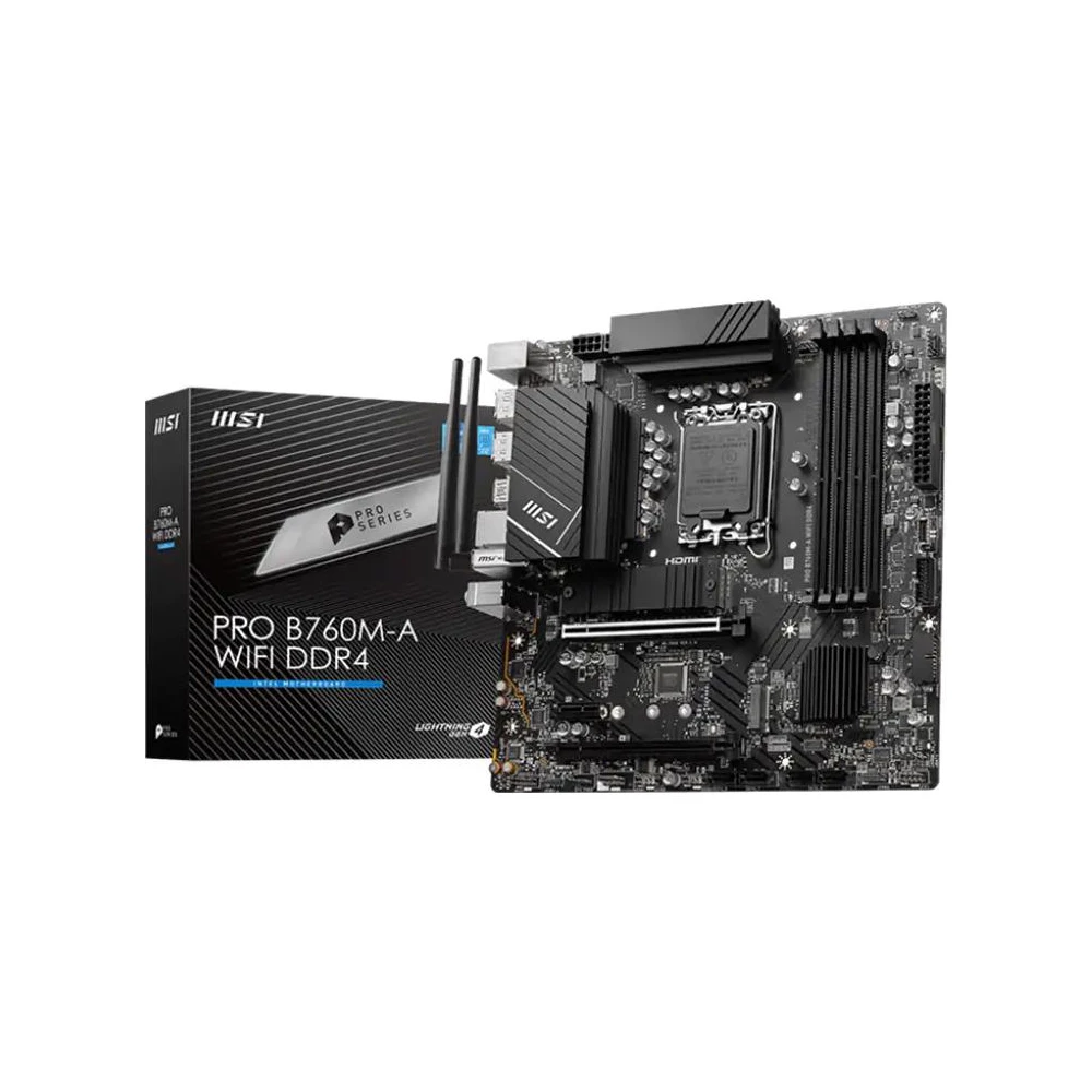 A large main feature product image of MSI PRO B760M-A WIFI DDR4 LGA1700 mATX Desktop Motherboard