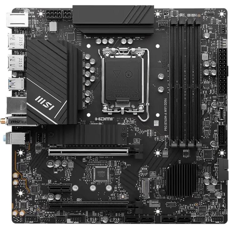 A large main feature product image of MSI PRO B760M-A WIFI DDR4 LGA1700 mATX Desktop Motherboard