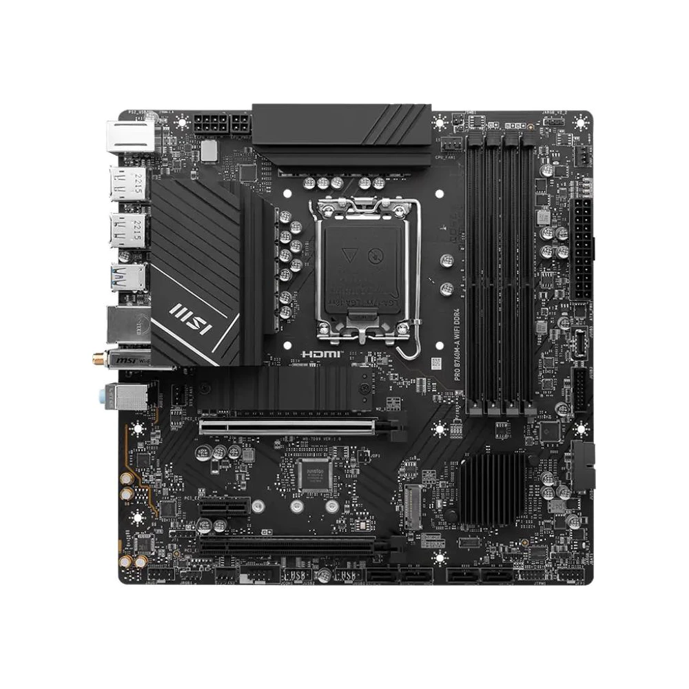 A large main feature product image of MSI PRO B760M-A WIFI DDR4 LGA1700 mATX Desktop Motherboard