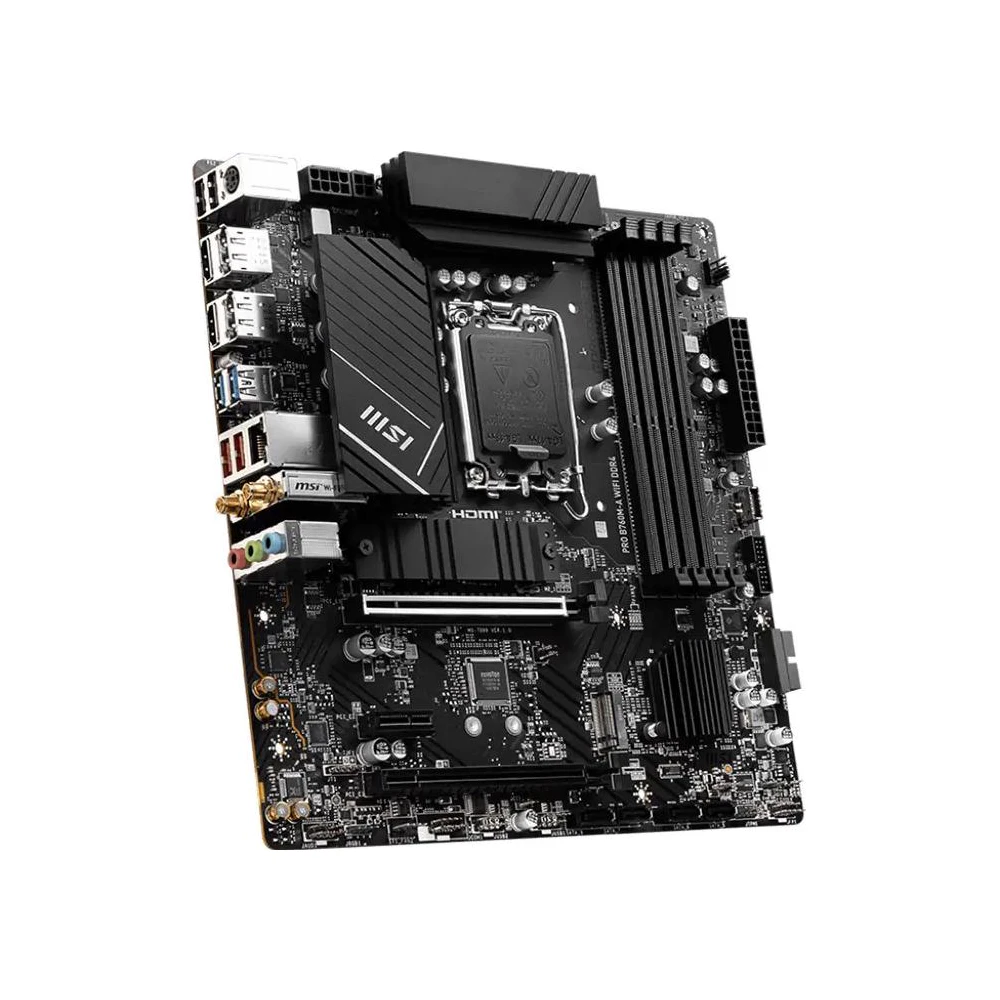 A large main feature product image of MSI PRO B760M-A WIFI DDR4 LGA1700 mATX Desktop Motherboard